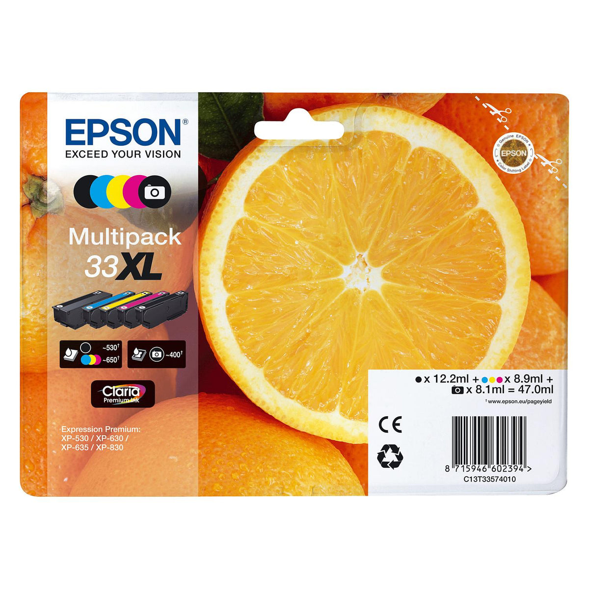 Epson Tinte 33XL C13T33574011 5er Multipack (BKMCY/Schwarz Foto) bis zu 650 Seiten
