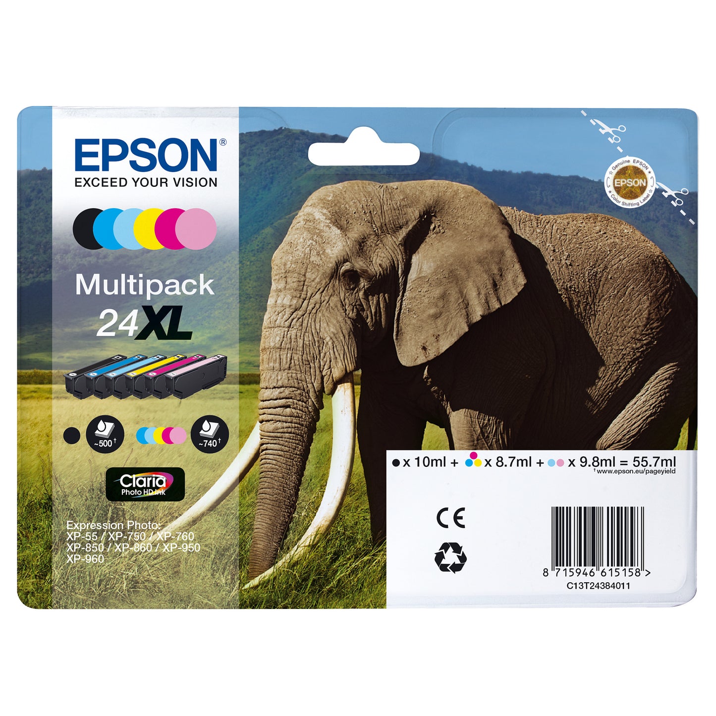Epson Tinte 24XL C13T24384011 6er Multipack (BKMCY/Hellmagenta/Hellcyan) bis zu 740 Seiten