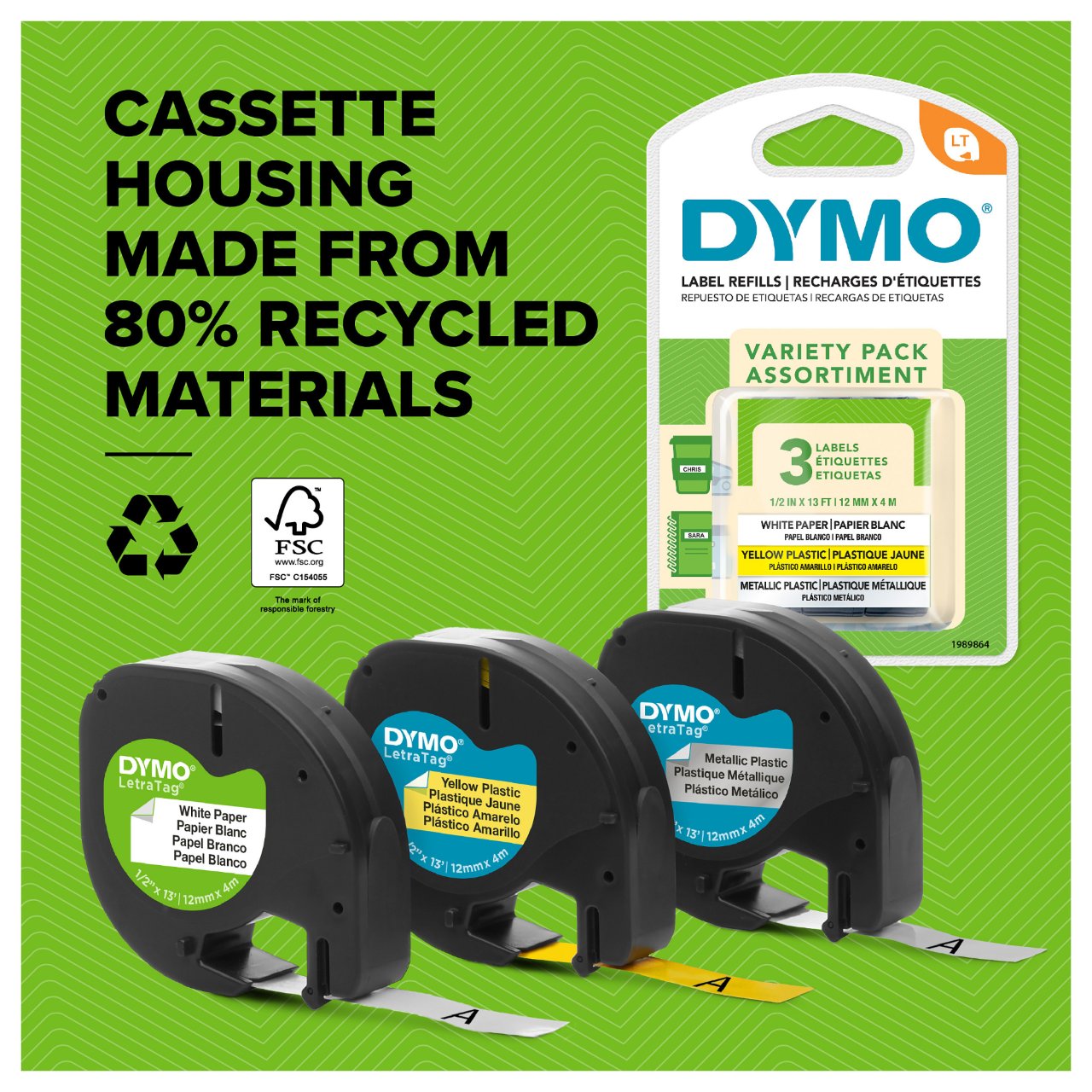 Dymo LabelWriter - LetraTag Kunststoff Etiketten - 12 mm x 4 m - Schwarz auf Grün - (S0721640)