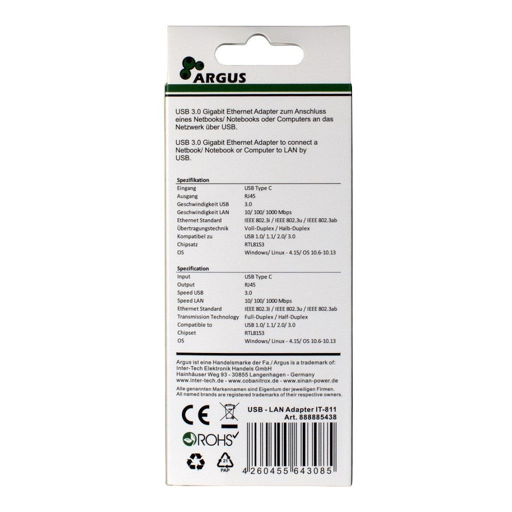 Adapter USB-C > Gigabit Lan RJ45 1000 MBit/s Inter-Tech Black