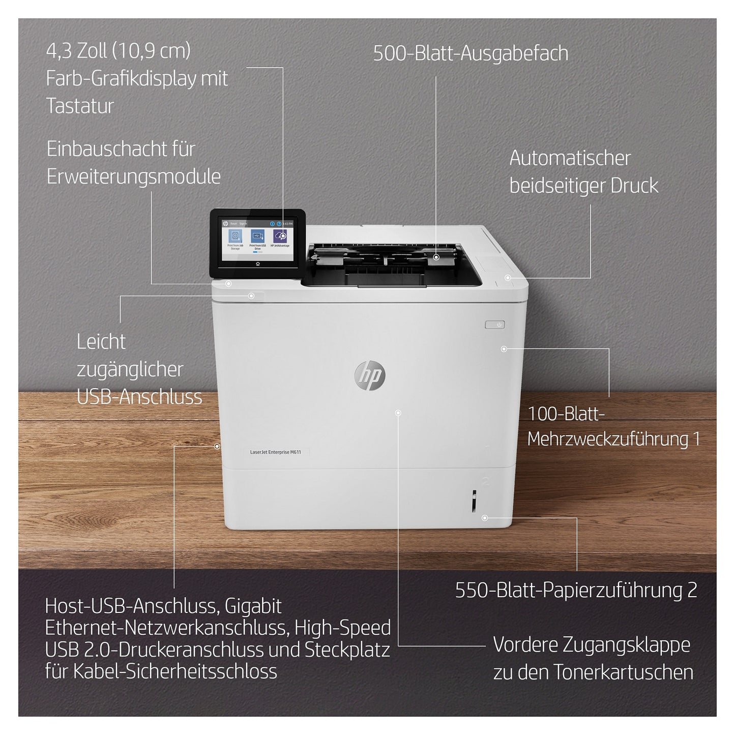 L HP LaserJet Enterprise M611dn Laserdrucker 61 S./Min. LAN Duplex