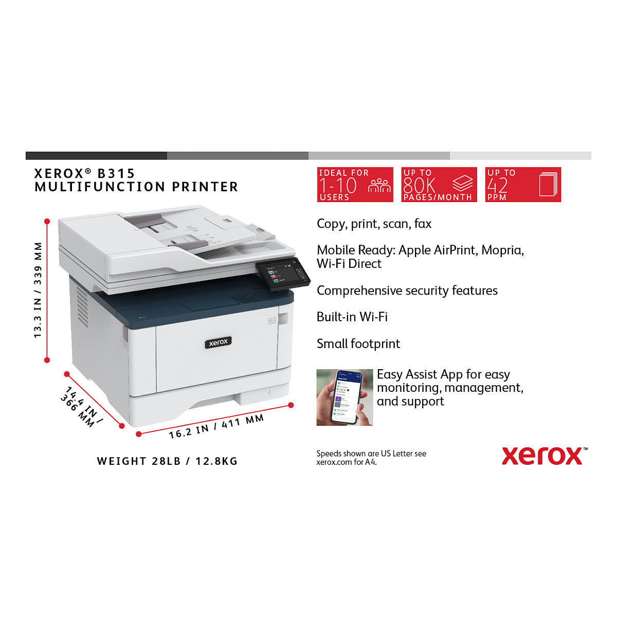 Xerox B315 4in1/A4/LAN/WiFi/ADF/Duplex Laserdrucker monochrome