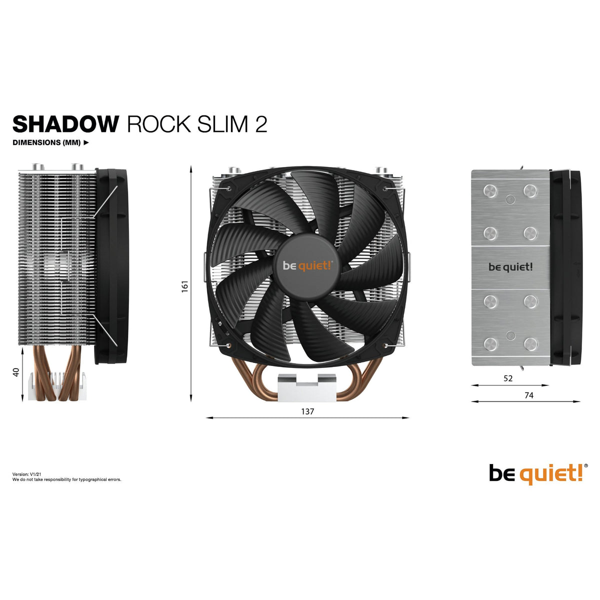 K Cooler Multi be quiet! Shadow Rock Slim 2 |1700/115X/1200/1366/2011/AM3/4/5 TDP 160W