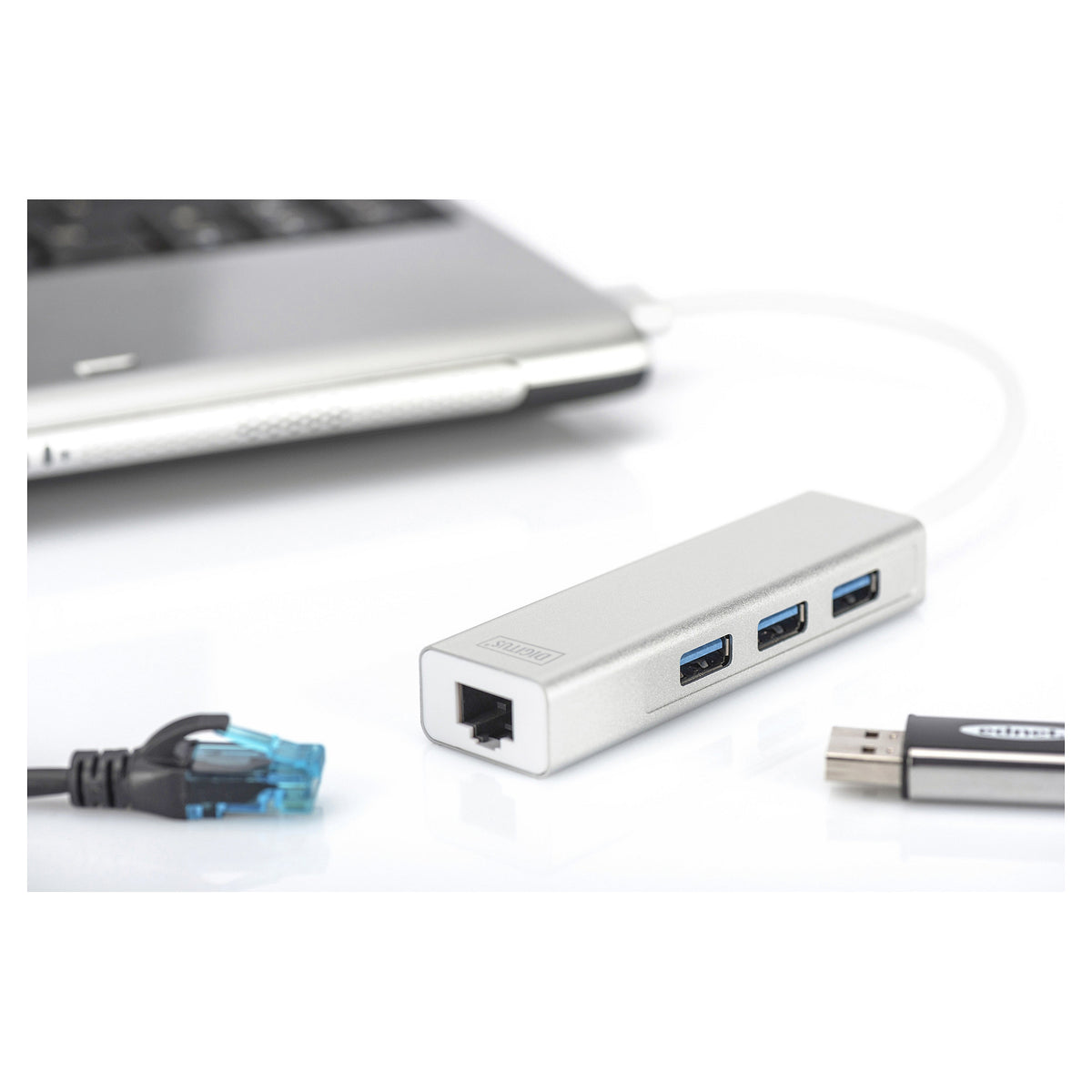 DIGITUS USB-Hub 3-Port 3.0->3xA3.0 1xLAN integr. Kabel we