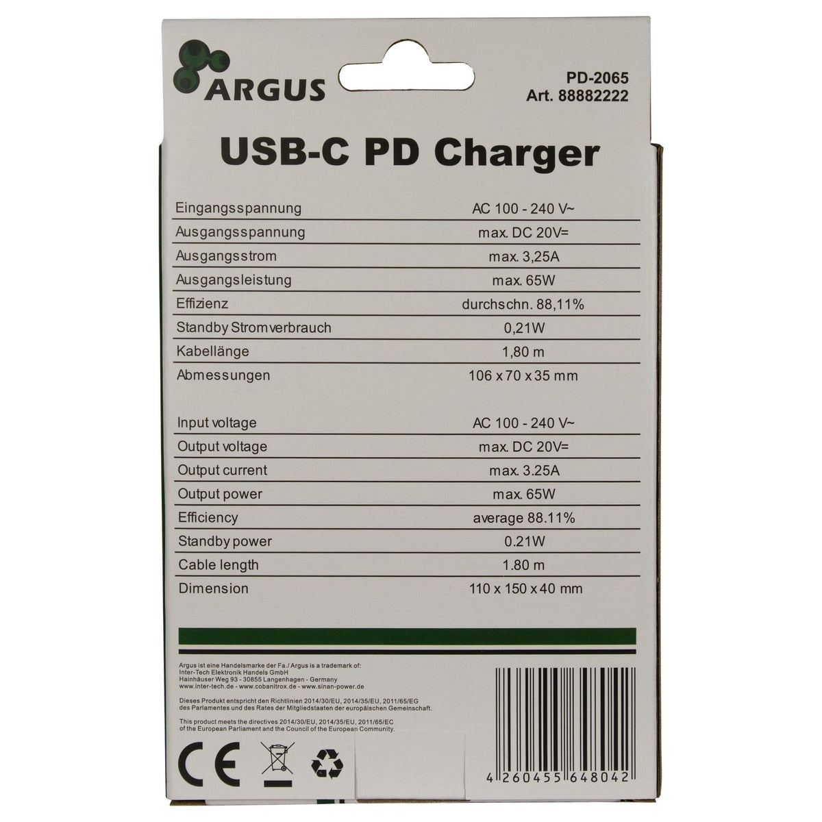 Charger USB-C 65W Black INTER-TECH PD-2065