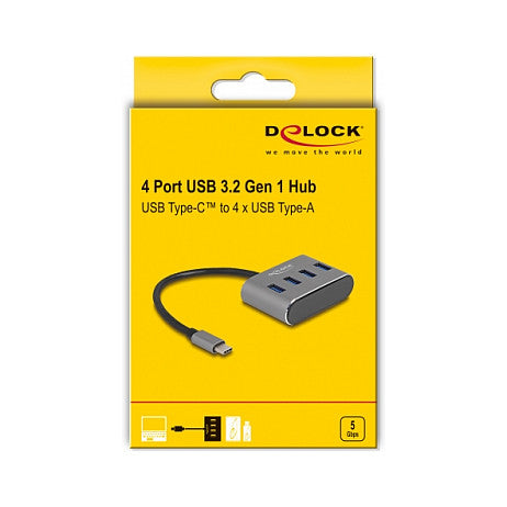 DELOCK 4 Port USB 3.2 Gen 1 Hub mit USB Type-C Anschluss - USB Typ-A Buchsen oben
