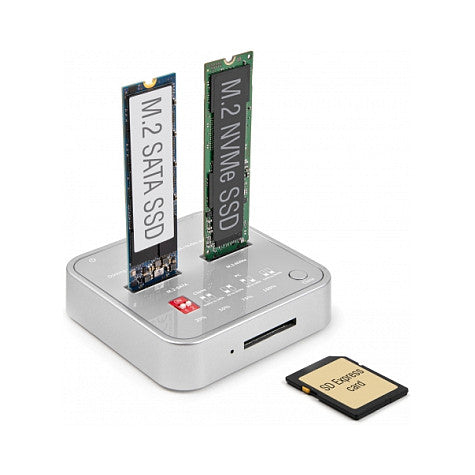 Dockingstation für 1 x M.2 NVMe SSD + 1 x M.2 SATA SSD mit SD Express (SD 7.1) Card Reader und Klon Funktion