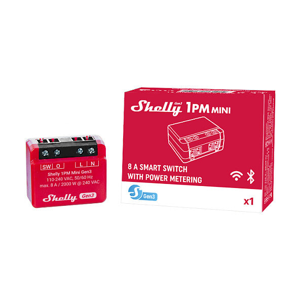 Shelly Relais "1PM Mini Gen. 3" WLAN BT Messfunktion max 8A 1 Kanal Unterputz