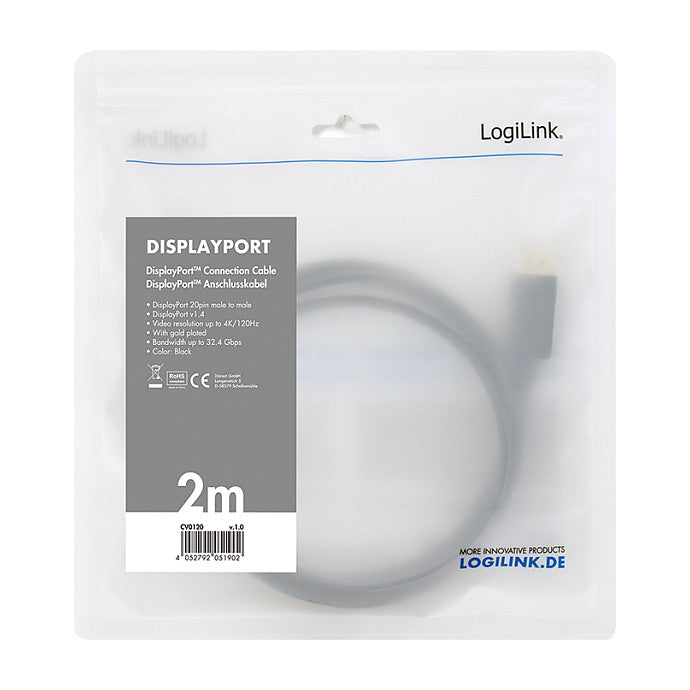 LogiLink DisplayPort 1.4 (ST-ST) 2m Anschlusskabel 8K 60Hz Schwarz
