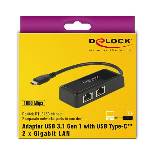 DeLock USB-C > 2x Gigabit LAN (ST-BU) Adapter Schwarz