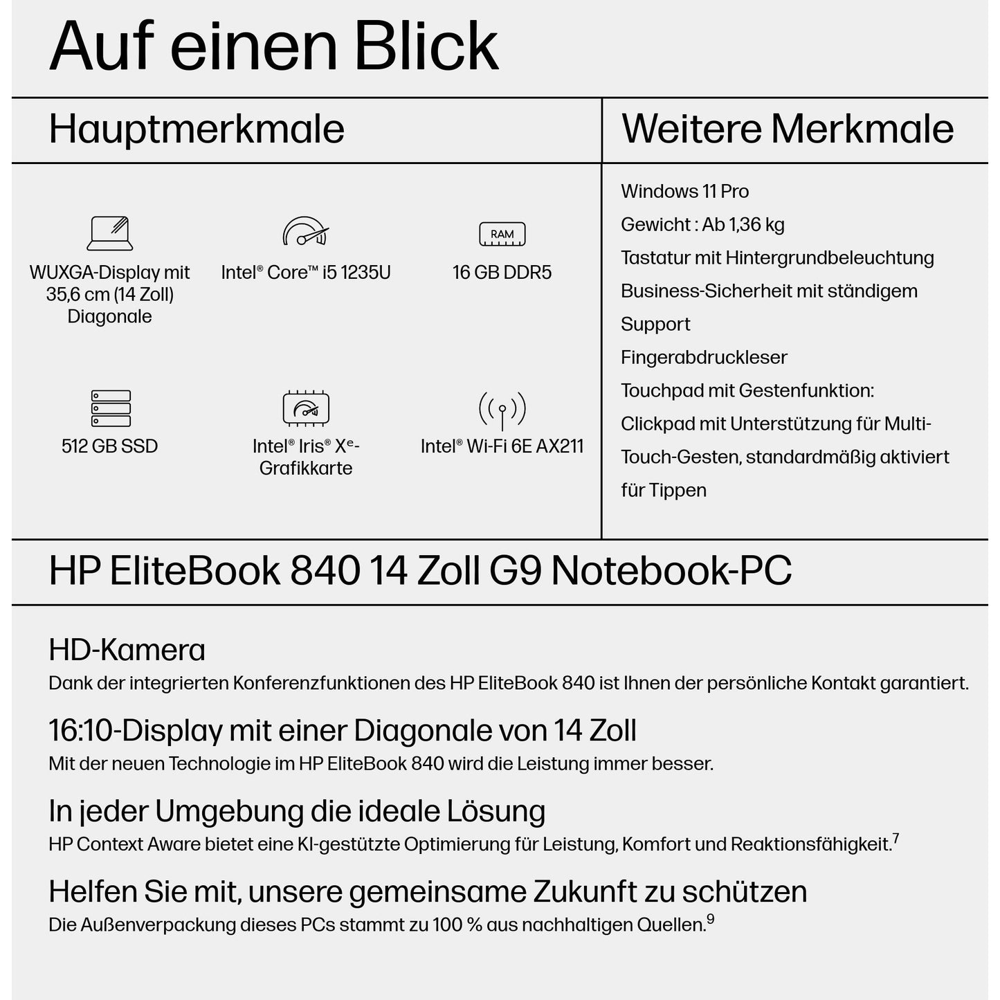 HP EliteBook 840 G9 Intel Core i5-1235U 35,5cm 14Zoll WUXGA 2x8 GB 512GB/PCIe NVMe/SSD Wi-Fi 6E WWAN FPR W11P 3J Gar SmartBuy+ (DE)