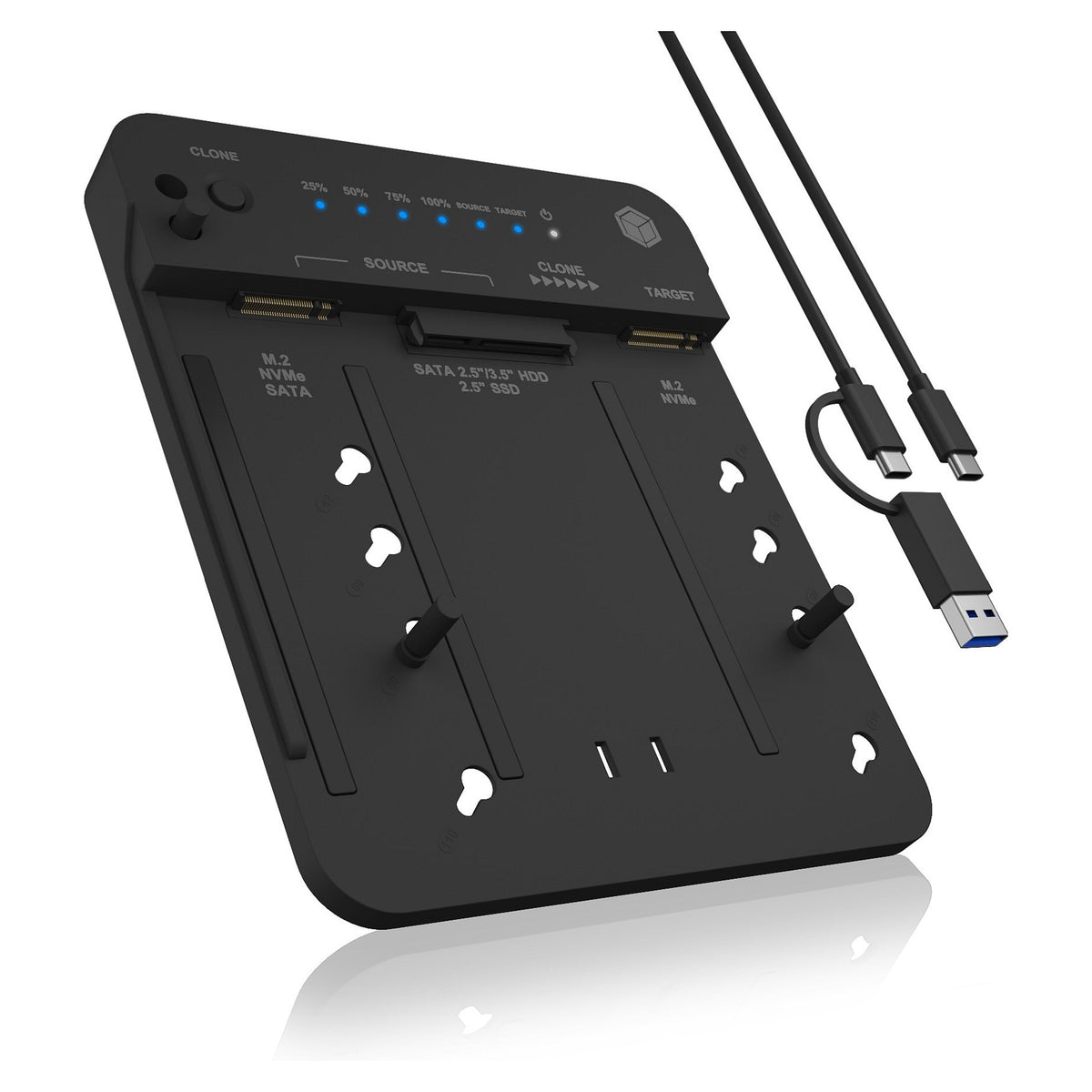 ICY BOX IB-2913MCL-C31 USB-C 3.2 Klon- und DockingStation für 2x M.2 NVMe/SATA SSD und 3,5"/2,5" HDD/SSD