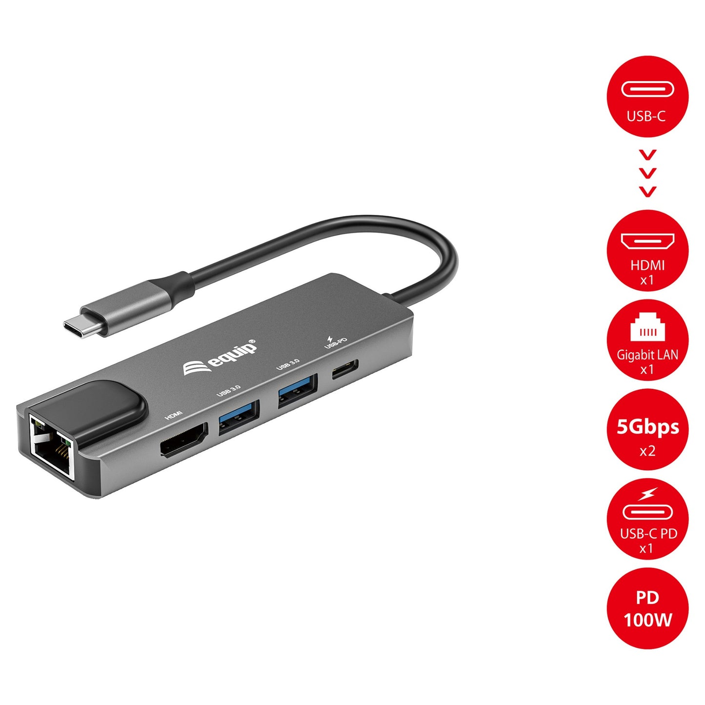 Equip Dock USB-C->HDMI.2xUSB3.0.GbE.100WPD 25cm si