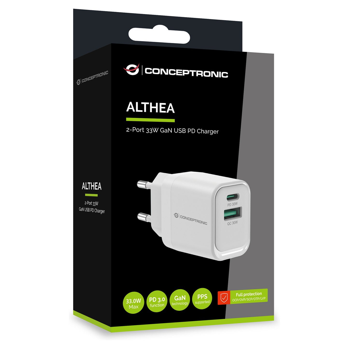 CONCEPTRONIC Ladegerät 2Port GaN USB-C/-A 33WPD3.0/PPS ws