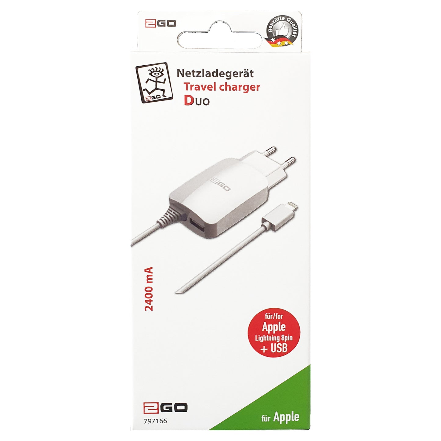 2GO Ladegerät 12W Lightning + 1x USB, Kabel 1,4m, weiß