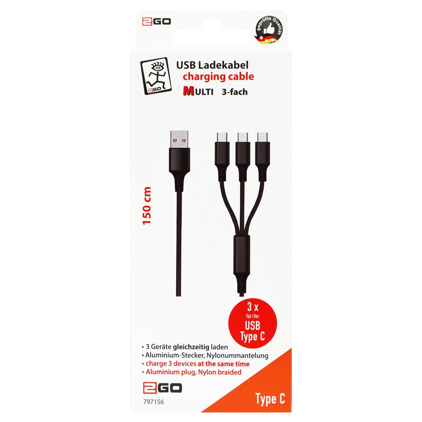 2GO 3in1 USB Ladekabel USB Type-C Nylon 1,5m schwarz