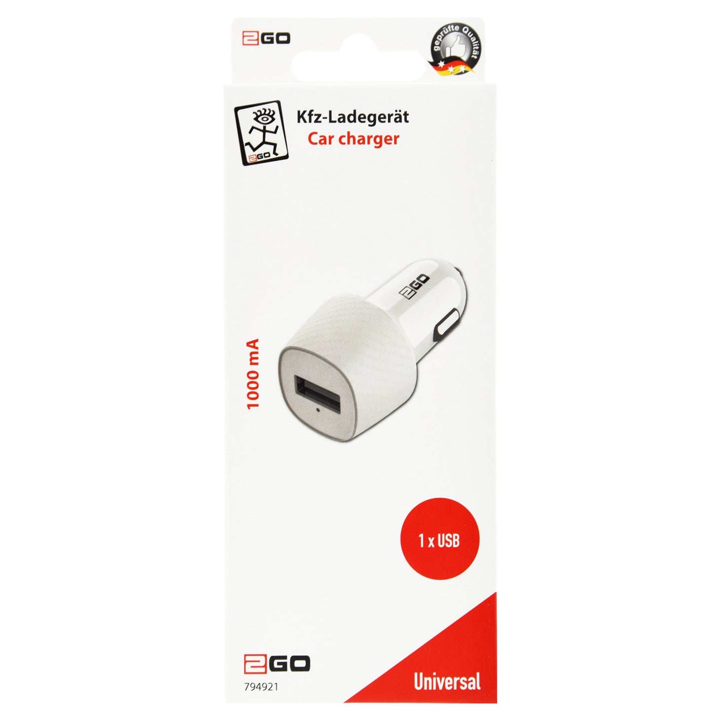 2GO USB KFZ-Ladegerät 1000mA USB-A - weiss