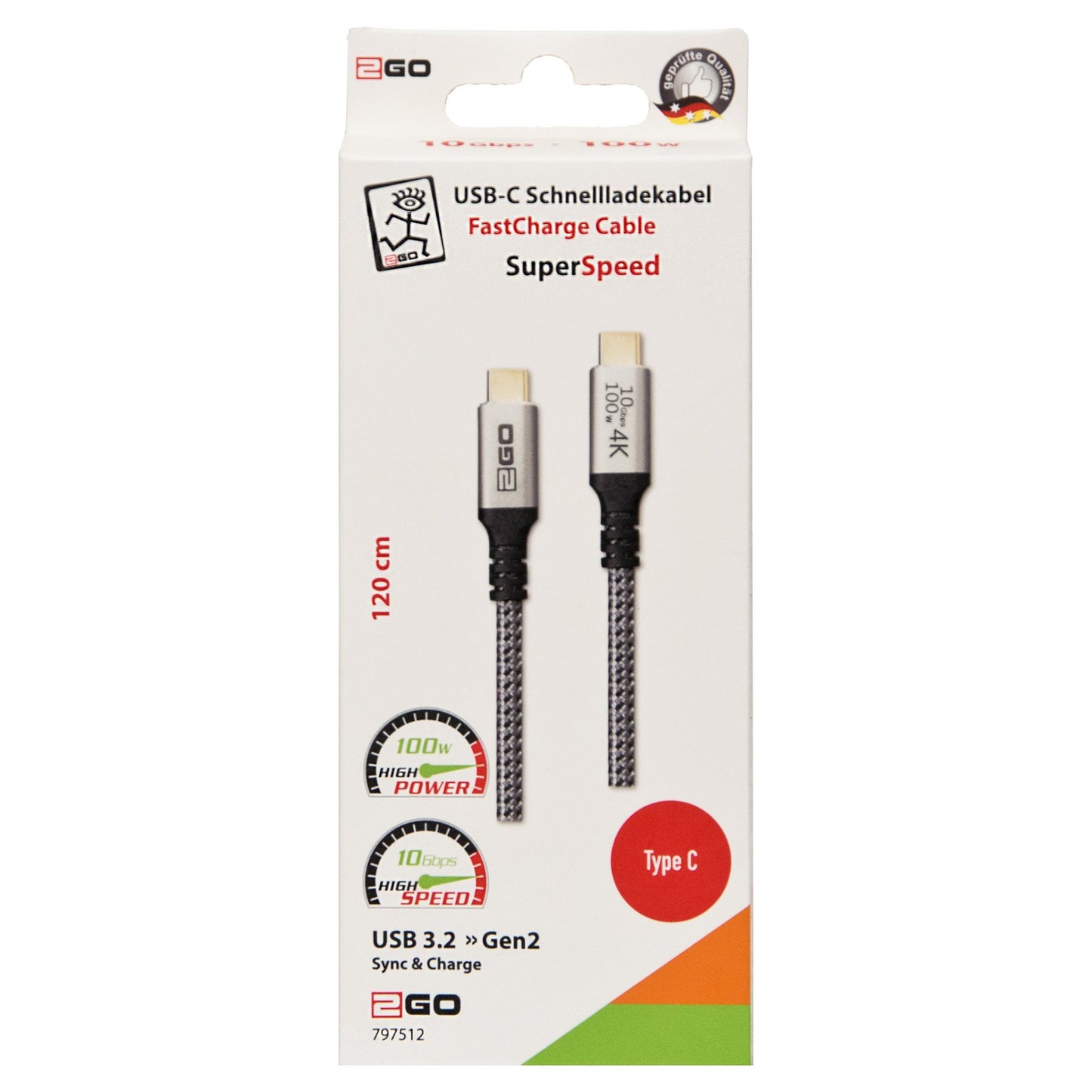 2GO Schnellladekabel USB-C 100W 10Gbps 1,2m