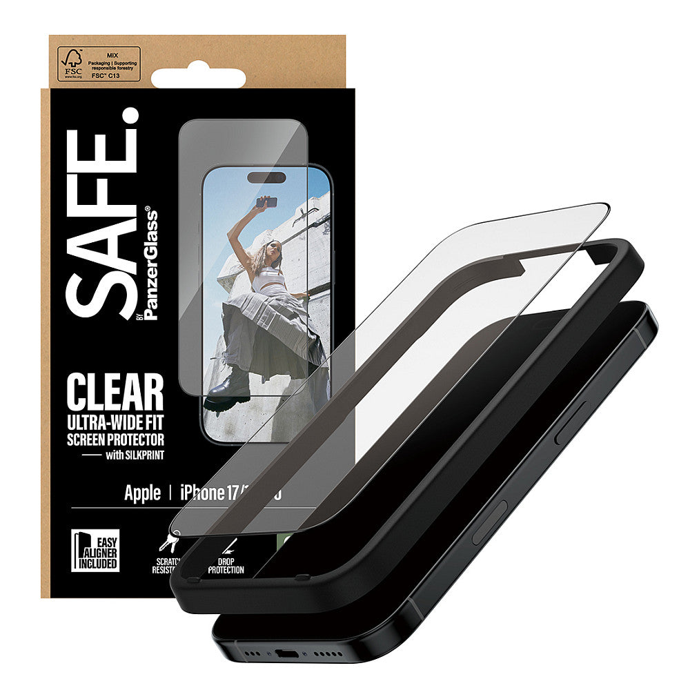 Panzerglass SAFE. by PanzerGlass Screen Protector w. Black Frame iPhone 17 | iPhone 16 Pro | Ultra-Wide Fit w. EasyAligner
