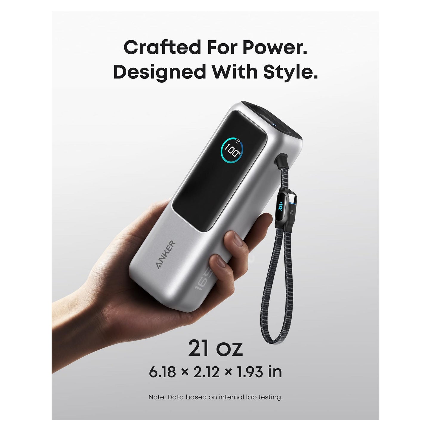 ANKER PowerBank 25.000mAh 165W 3x 100W USB-C 1x USB-A Smart Display zwei integrierte Ladekabel silber