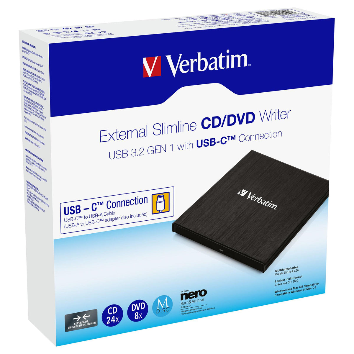 Verbatim Externer Slimline CD/DVD-Brenner mit USB-C-Anschluss