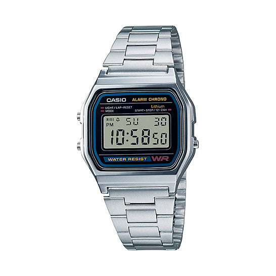 Casio A158WA-1DF Vintage Unisex-Uhr Digital mit Edelstahlarmband, schwarz/silber