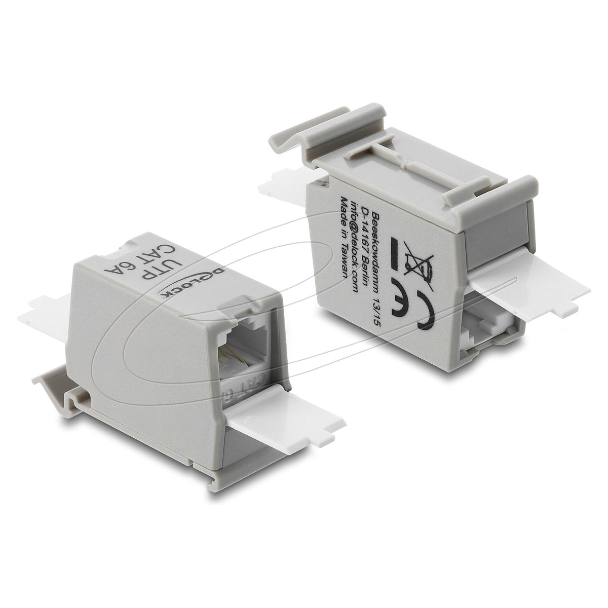 RJ45 Kupplung Cat.6A Buchse zu Buchse mit Staubschutzklappe für Hutschienen Montage ungeschirmt grau / weiß