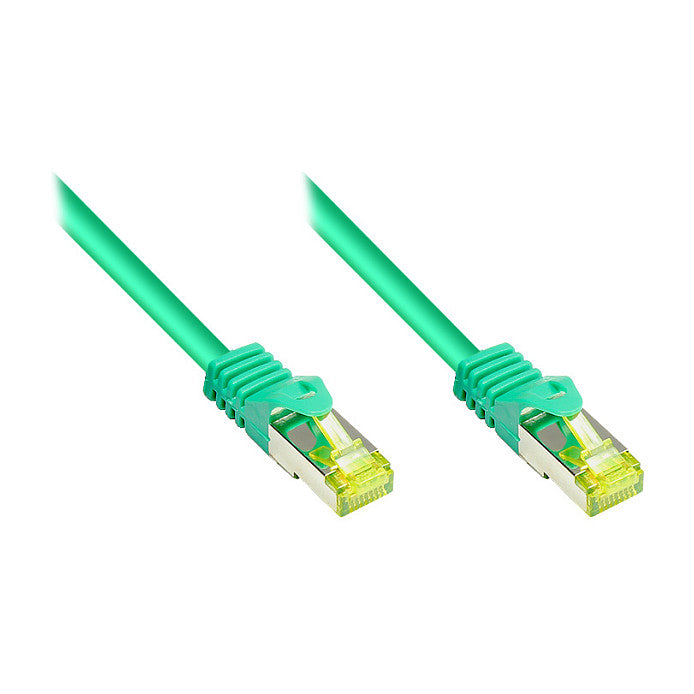 GoodConnections RJ45 Patchkabel mit Cat. 7 Rohkabel und Rastnasenschutz (), S/FTP, PiMF, halogenfrei, 500MHz, OFC, grün, 10m,