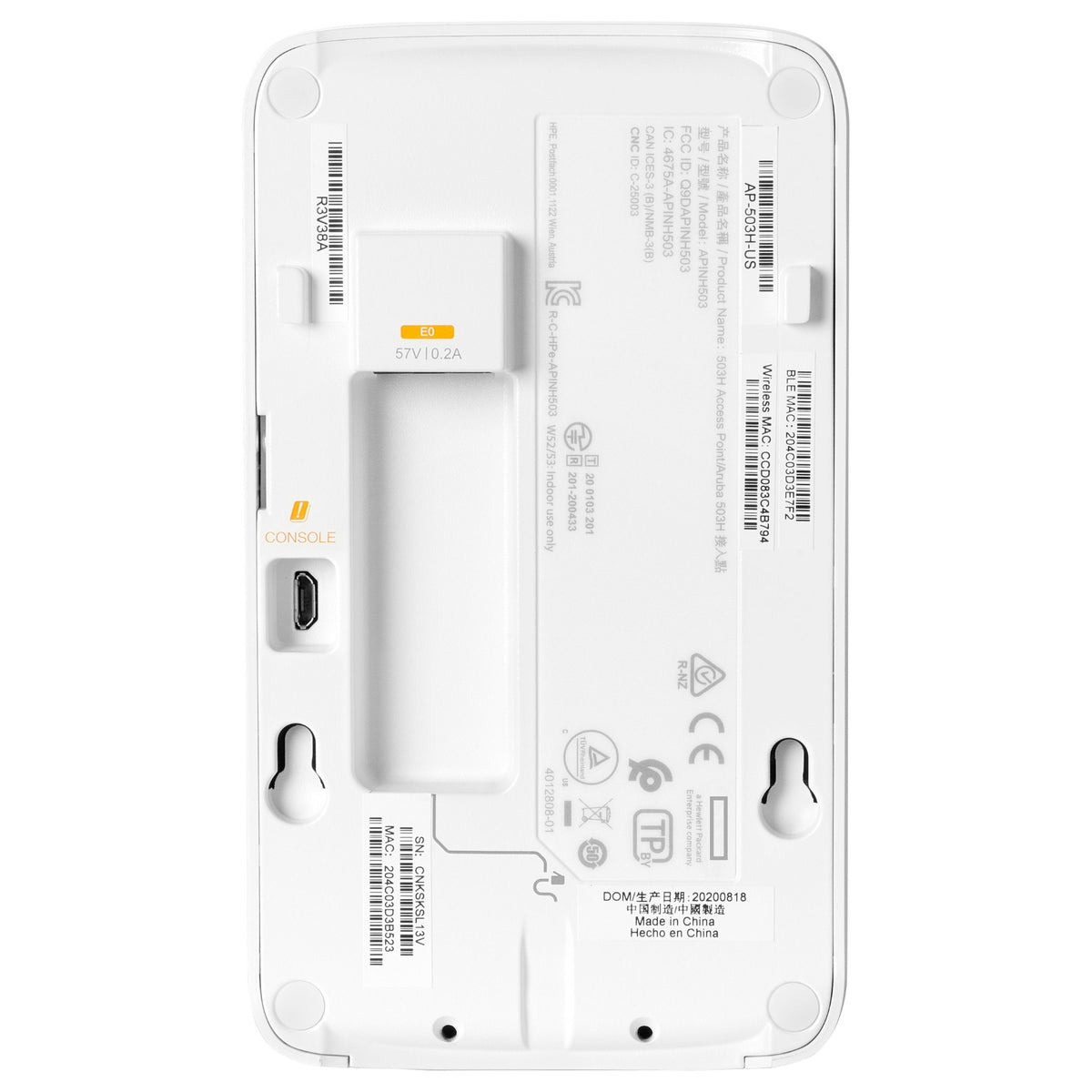 HPE Aruba AP-503H Access Point RW Dual Radio 2x2 802.11ax Unified Hospitality 1+2 Ethernet
