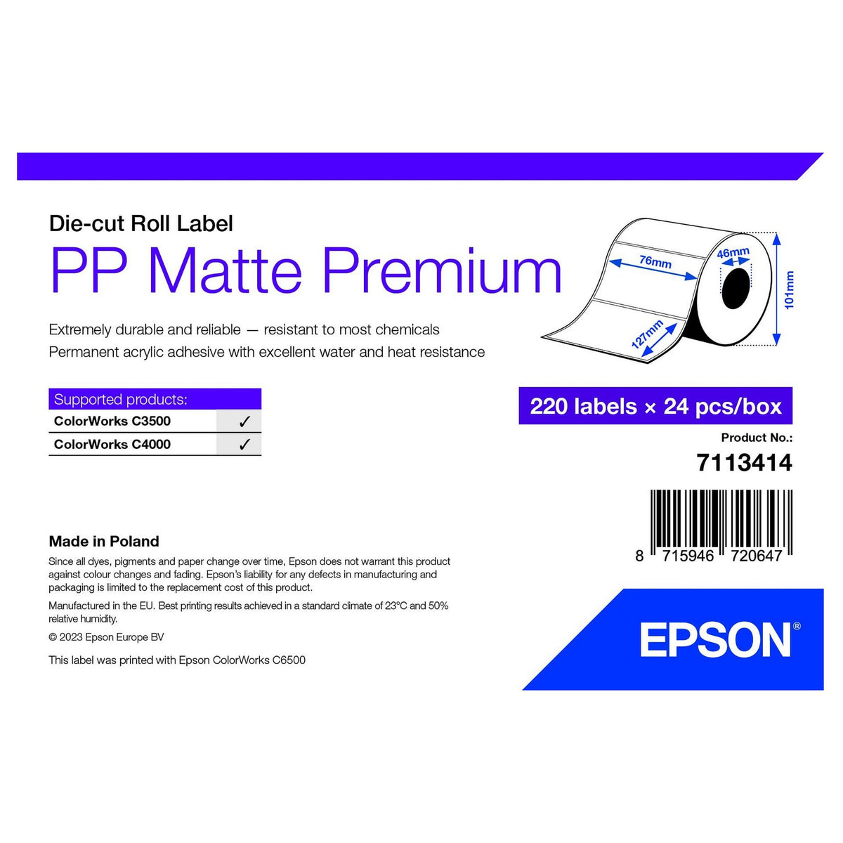 EPSON PP Matte Label 76x127mm 220 Etiketten, Die-Cut