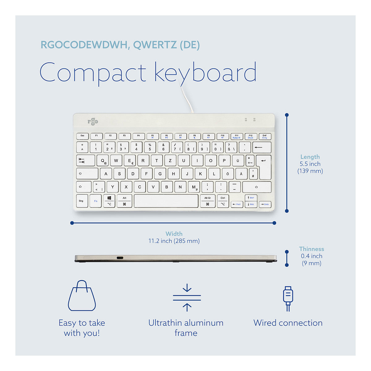 R-Go Compact Break ergonomische Tastatur QWERTZ (DE), verkabelt, weiß