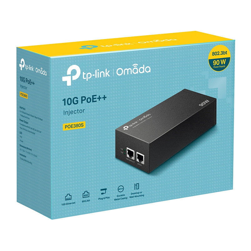 TP-LINK POE380S Omada 10G PoE++ Injector Adapter 2 10 Gbps/5 Gbps/2.5 Gbps/1 Gbps/100 Mbps/10 Mbps RJ45 ports