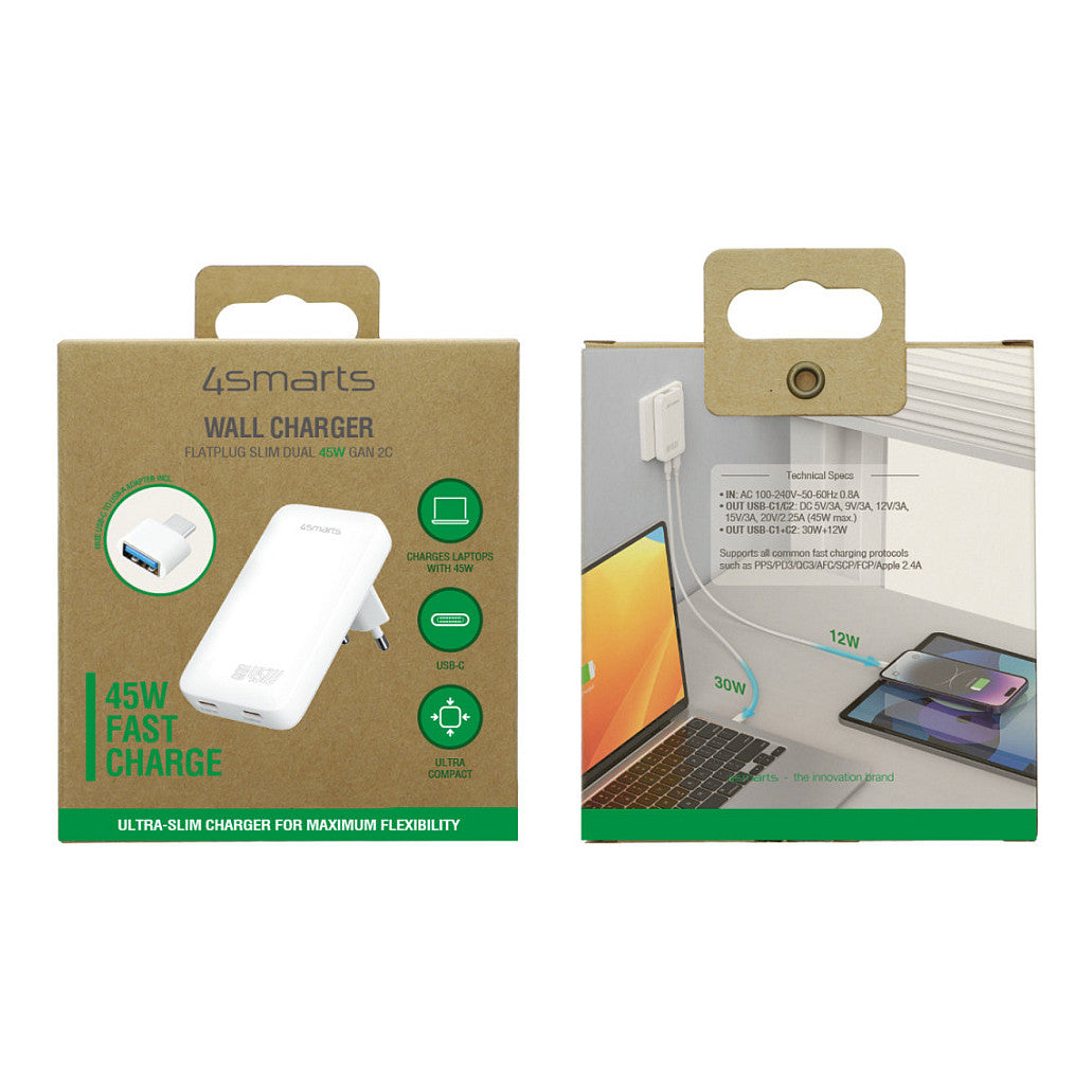 4smarts Netzladegert FlatPlug Slim Dual 45W GaN 2C. wei