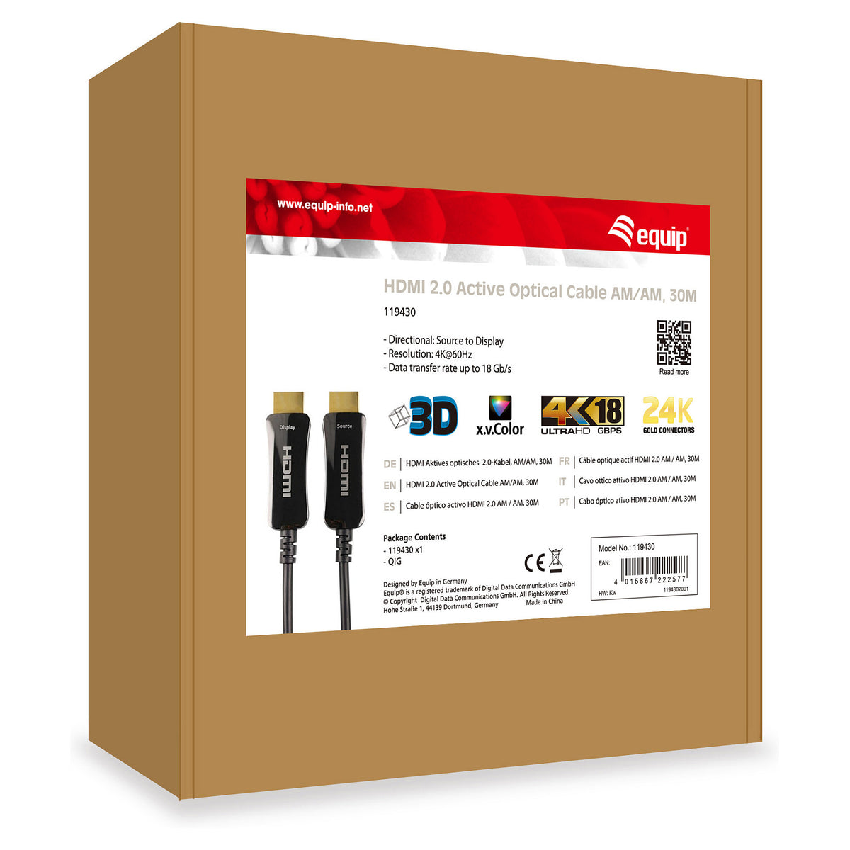 Equip HDMI PHS Ethernet 2.0 A-A St/St 30.0m 4K60Hz HDRopt.sw