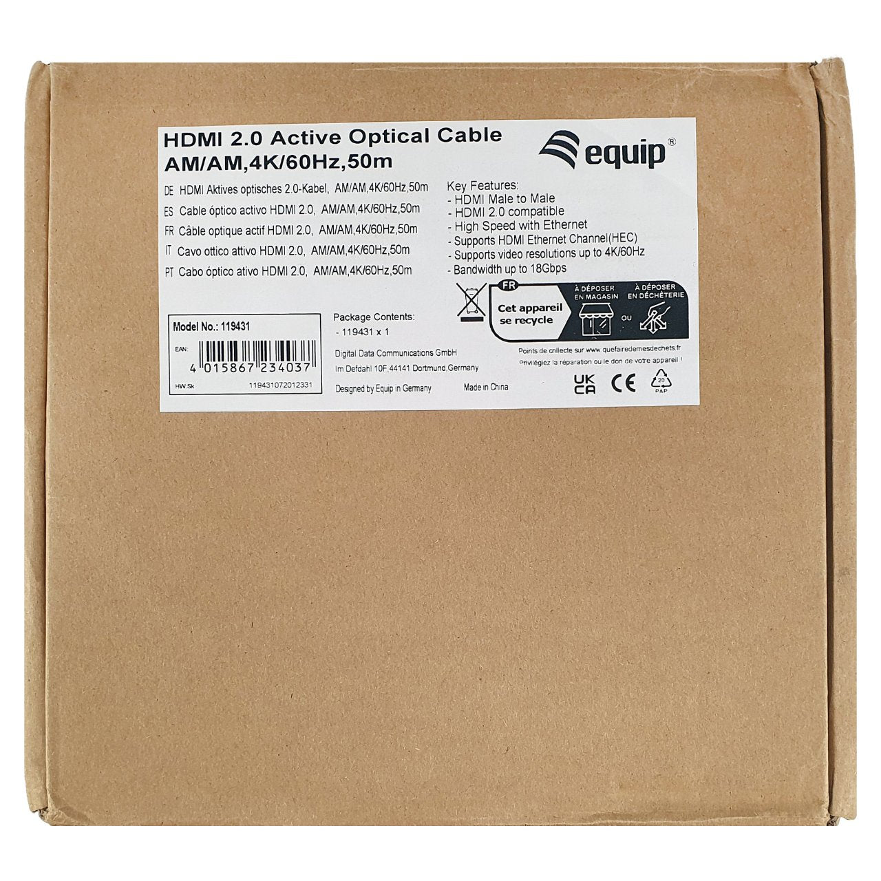 Equip HDMI PHS Ethernet 2.0 A-A St/St100.0m 4K60Hz HDRopt.sw