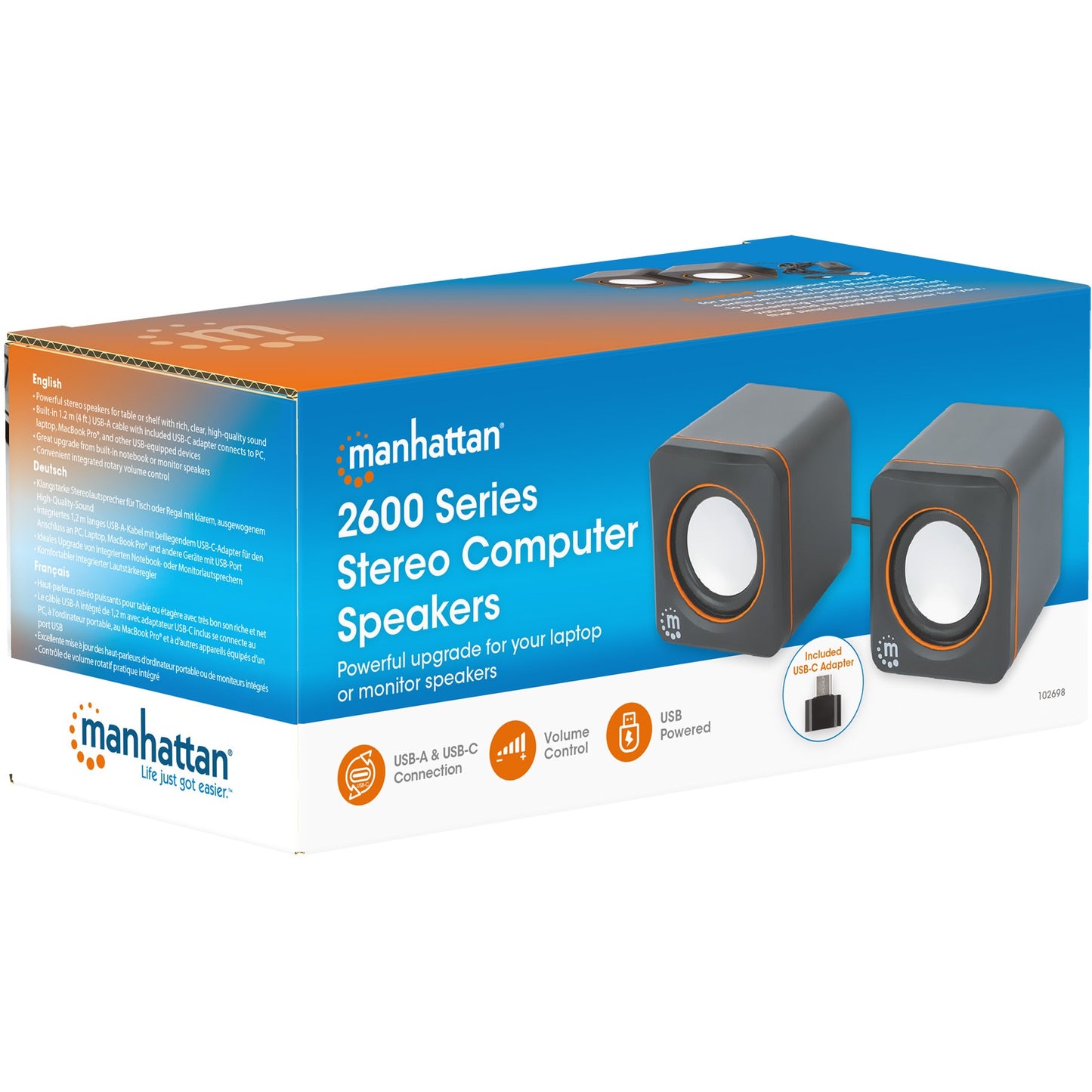 MANHATTAN Lautsprecher fr PC und Laptop 2600 Series zwei verbundene Lautsprecher 1.4 m USB-Kabel USB-C/USB-A-Adapter schwarz/orange