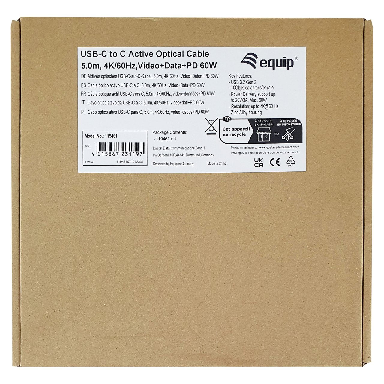 Equip Kabel USB-C 3.2 -> C St/St 5.00m 3A 4K/60Hz sw