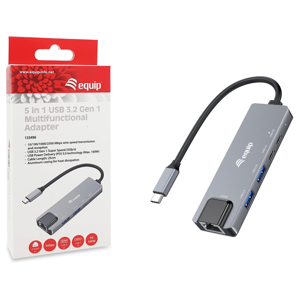 Equip Adapter USB-C -> RJ45 10/100/1000/2500 Mbps + USB 3.2