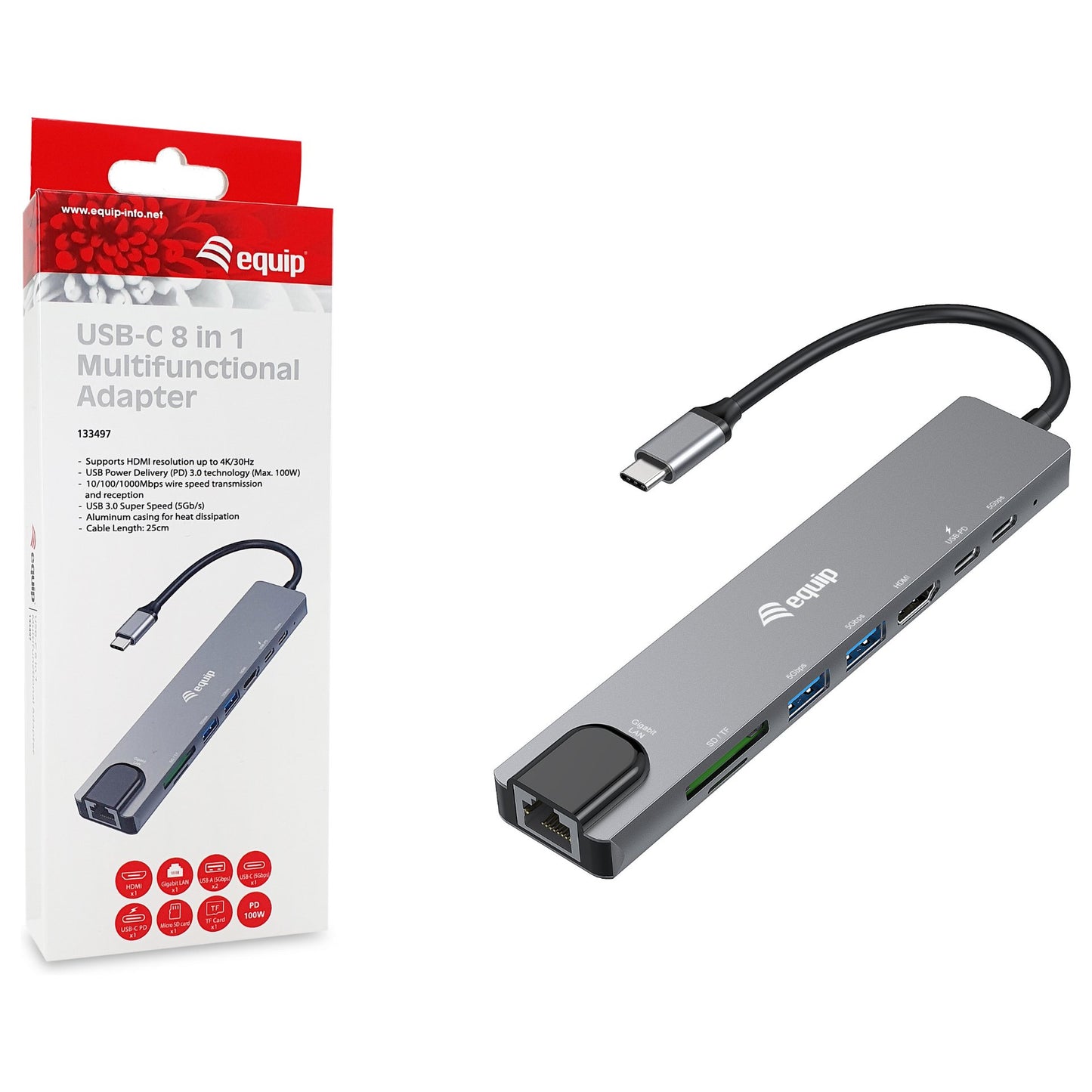 Equip Adapter USB-C -> HDMI.GbE.3xUSB3.2 Gen1.SD/TF.PD 100W