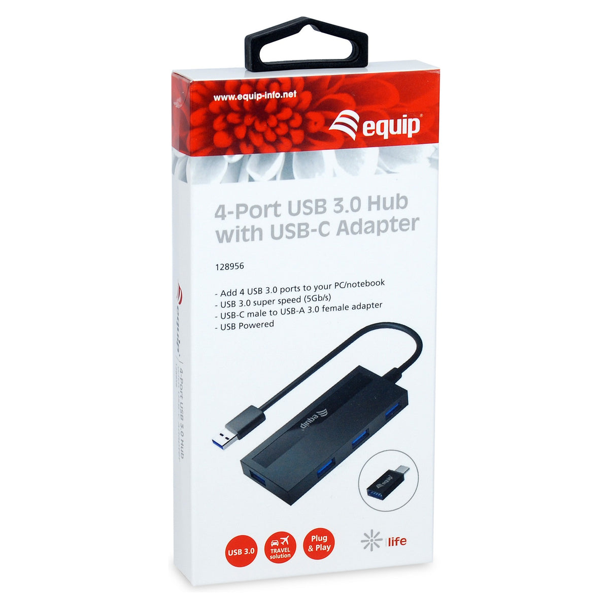 Equip USB-Hub 4-Port 3.2 ->4x3.0 +USB-C Adp.5Gbps o.Netz.sw