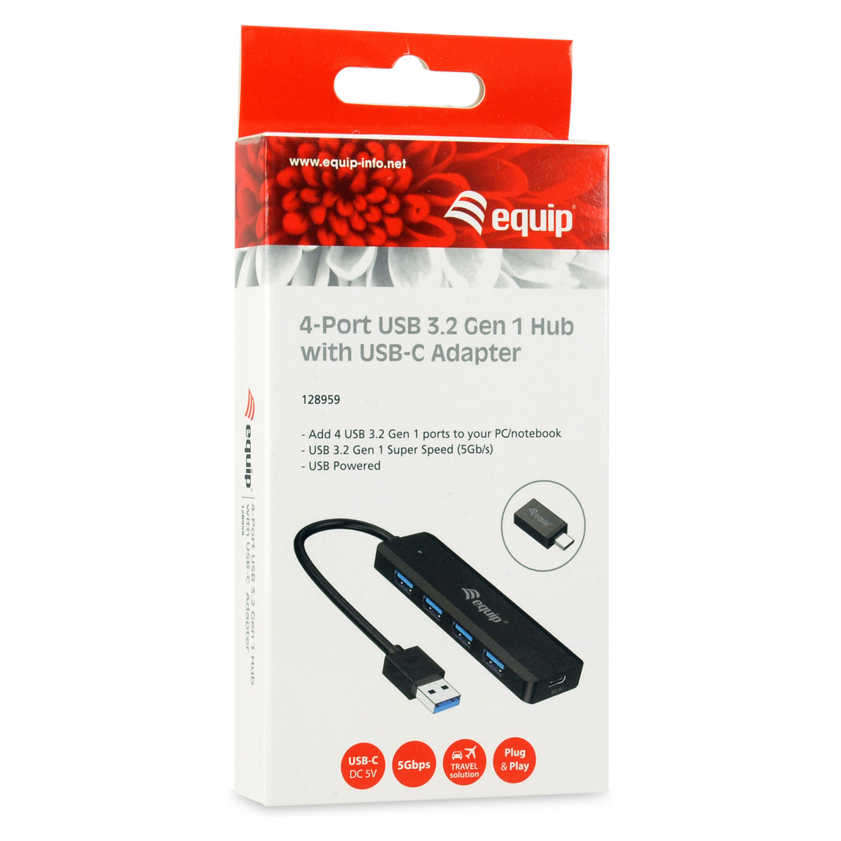 Equip USB-Hub 4-Port 3.2 ->4x3.0 +USB-C Adp.5Gbps o.Netz.sw