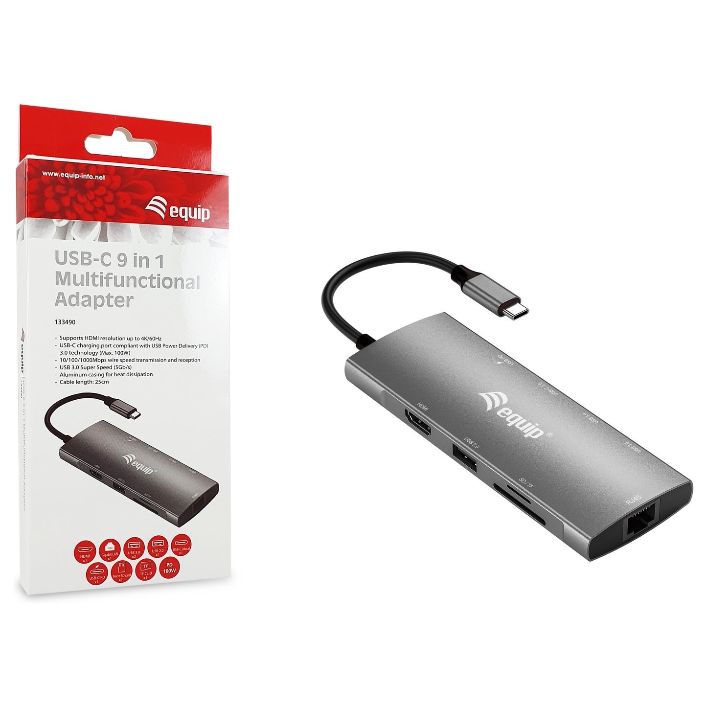 Equip Dock USB-C->HDMI.GbE.USB2.0.3xUSB3.0.100WPD.+ 25cm si