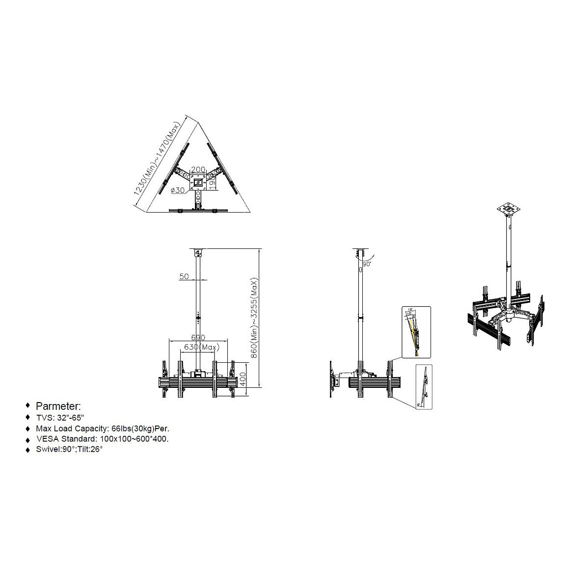 Equip Deckenhalterung 32"-65"/3TFT je 30kg 2Gelenke neig. sw lite Retail