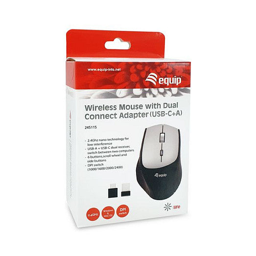 Equip Optische Maus kabellos USB-Komfort USB-C/A R+L schwarz