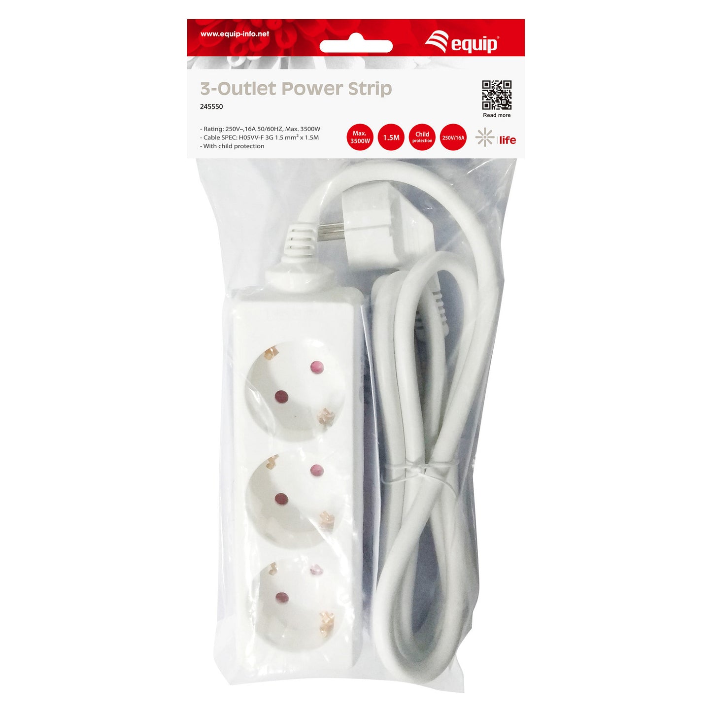 Equip Steckdosenleiste 3-fach Schuko 1.5m Kabel