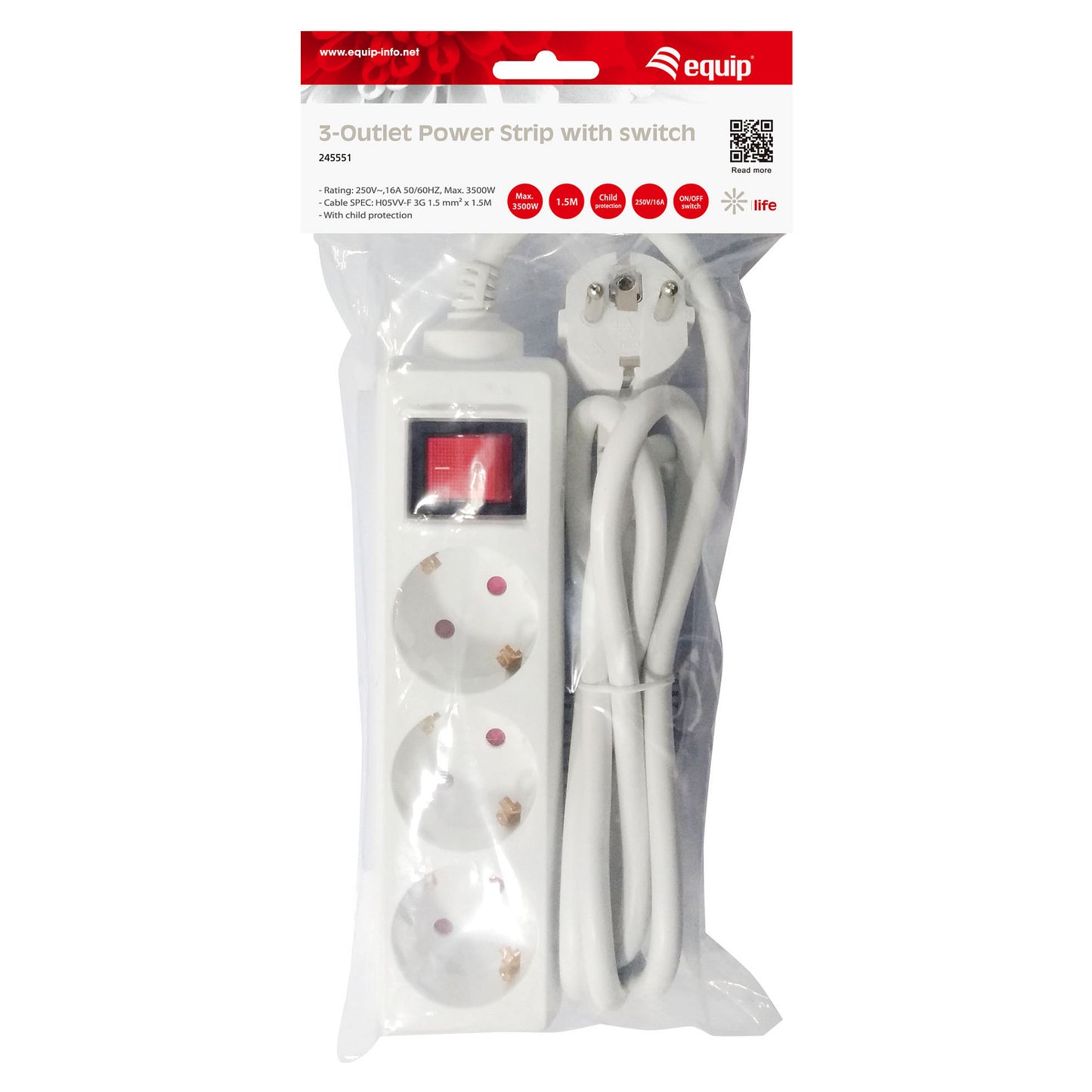 Equip Steckdosenleiste 3-fach Schuko 1.5m Kabel mit Schalter