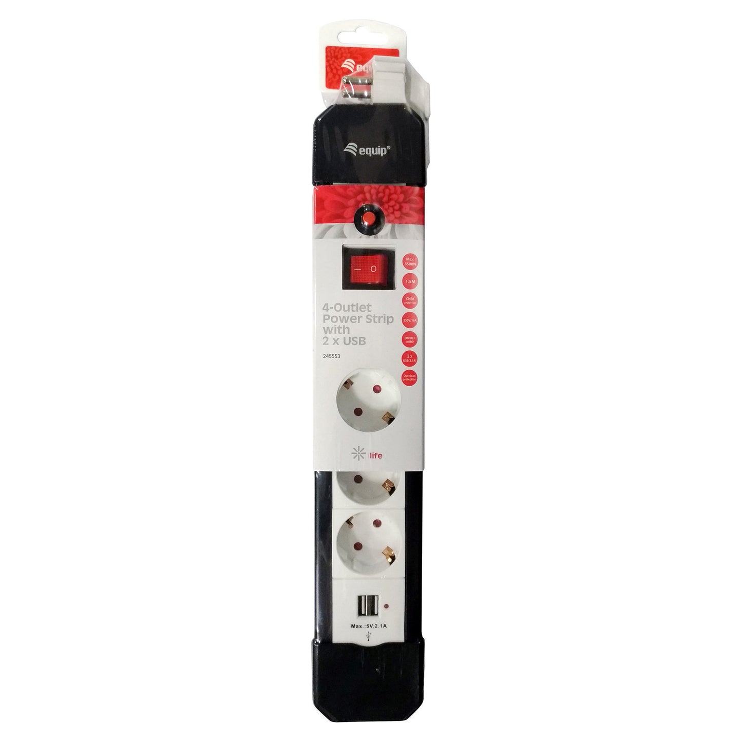 Equip Steckdosenleiste 4-fach Schuko 1.5m mit 2xUSB+Schalter