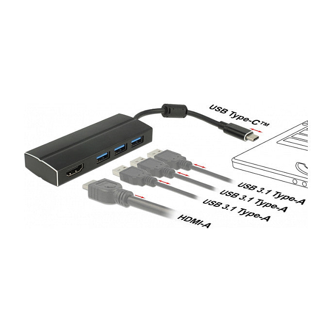 DELOCK USB 3.1 Gen 1 Adapter USB Type-C zu 3 x USB 3.0 Typ-A Hub + 1 x HDMI DP Alt Mode 4K 30 Hz