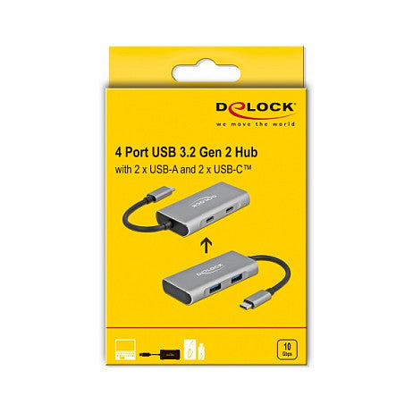 DELOCK Externer USB 3.2 Gen 2 USB Type-C Hub mit 2 x USB Typ-A und 2 x USB Type-C