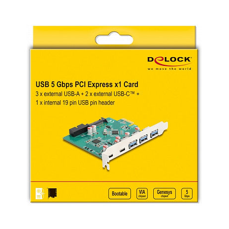 USB 5 Gbps PCI Express x1 Karte zu 3 x extern Typ-A + 2 x extern USB Type-C™ Buchse und 1 x intern 19 Pin USB Pfostenstecker